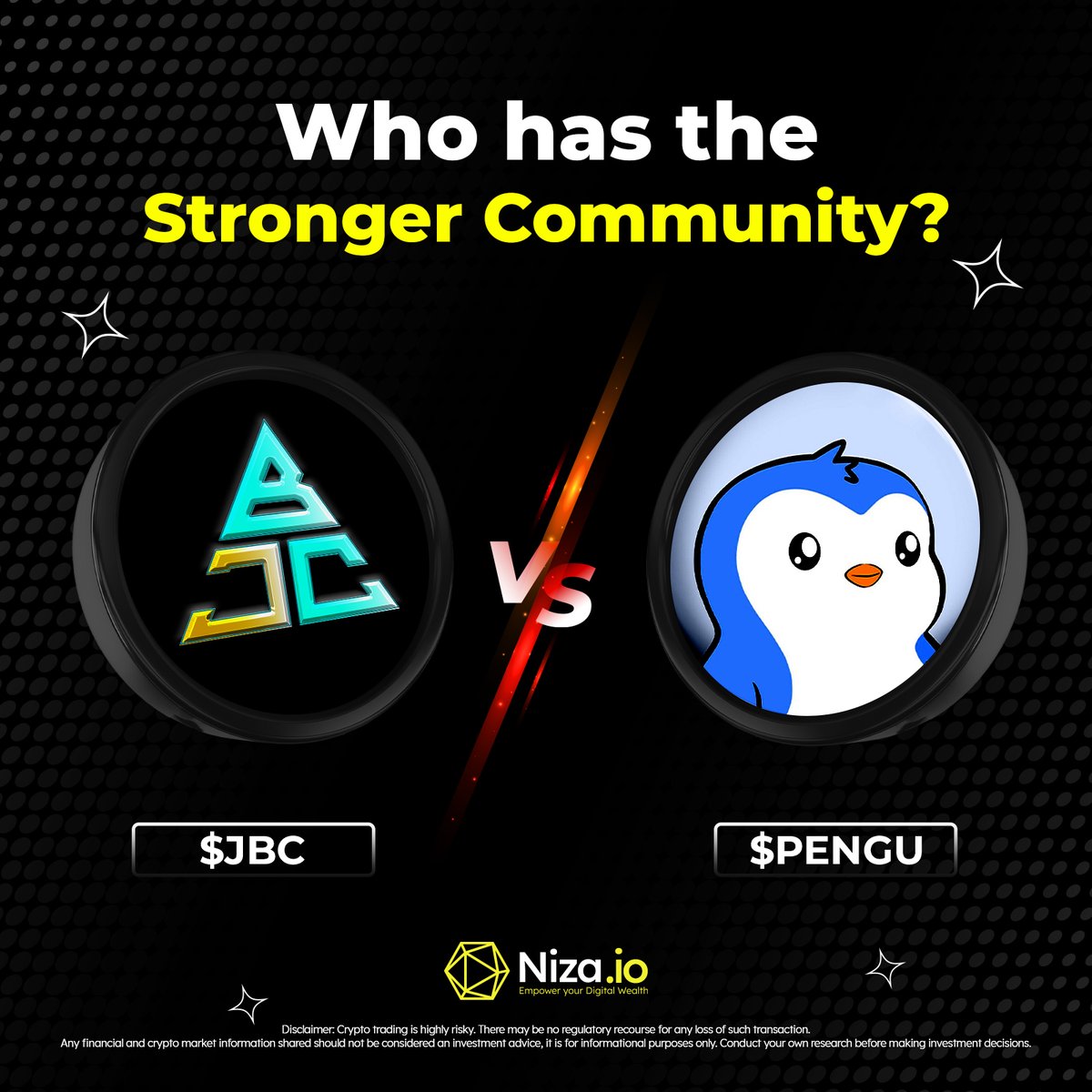 🔥 Who has the stronger community? 🚀

JimmyBossCollective ( $JBC ) VS Pudgy Penguins ( $PENGU )

Two vibes. Two cultures. One showdown. Let the communities speak. 📢⚡️
<a href="/JBCcollective/">jimmyBossCollective</a> <a href="/pudgypenguins/">Pudgy Penguins</a>

#NIZA  #JBC #PENGU #jimmyboss #pudgypenguins