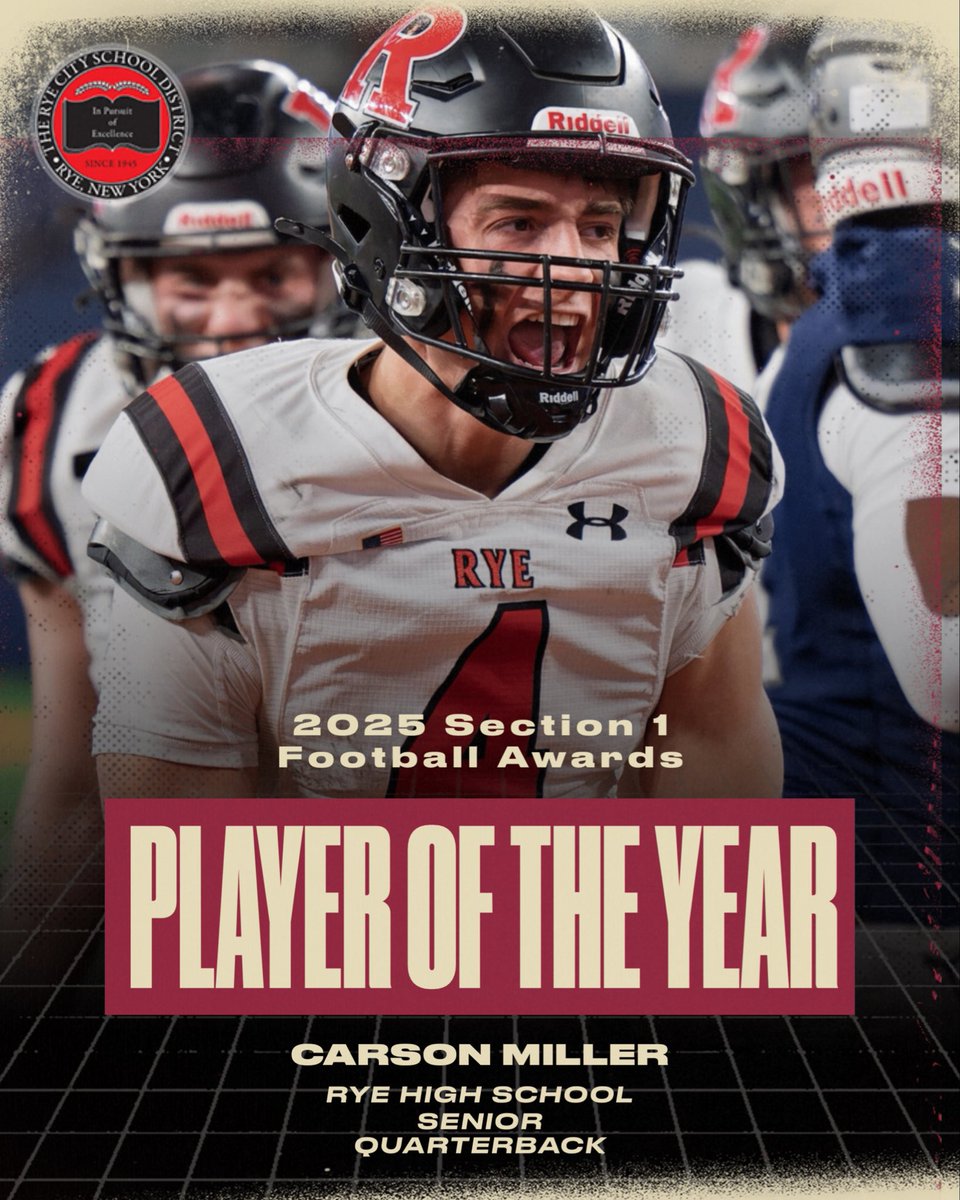 KDJmedia1's tweet image. Rye quarterback Carson Miller was named Section 1 Football Player of the Year at today’s banquet. 

Miller led his team to a 14-0 record and a state title, setting Section 1 records with 3,545 yards and 38 TDs. Miller also ran for 963 yards and 12 TDs. 

Congrats @CarsonBoo14