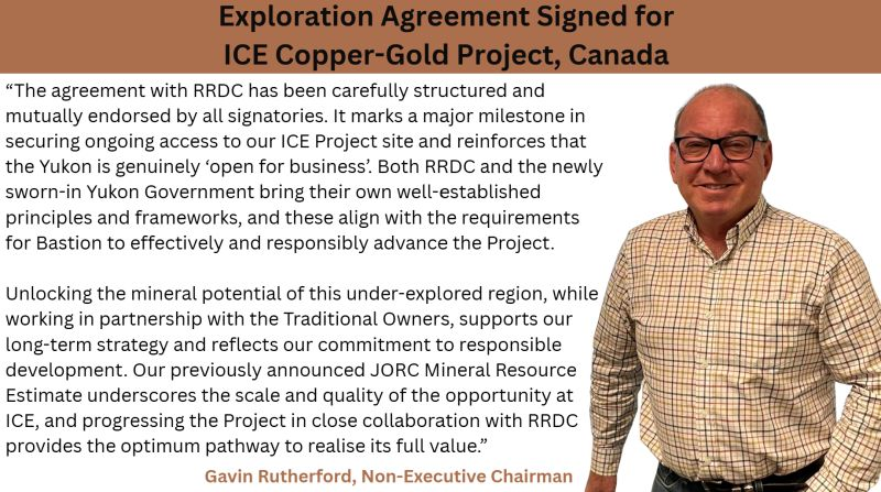 BastionLimited's tweet photo. An Exploration Consent Agreement has been executed with the Ross River Dena Council for the ICE ##Copper-#Gold Project in the Yukon, enabling preparations ahead of the Spring 2026 field season. ICE hosts a JORC Resource of 6.43Mt @ 1.07% Cu.

Read: https://t.co/v7SNmxukgu

$BMO https://t.co/Gc40AscVDK