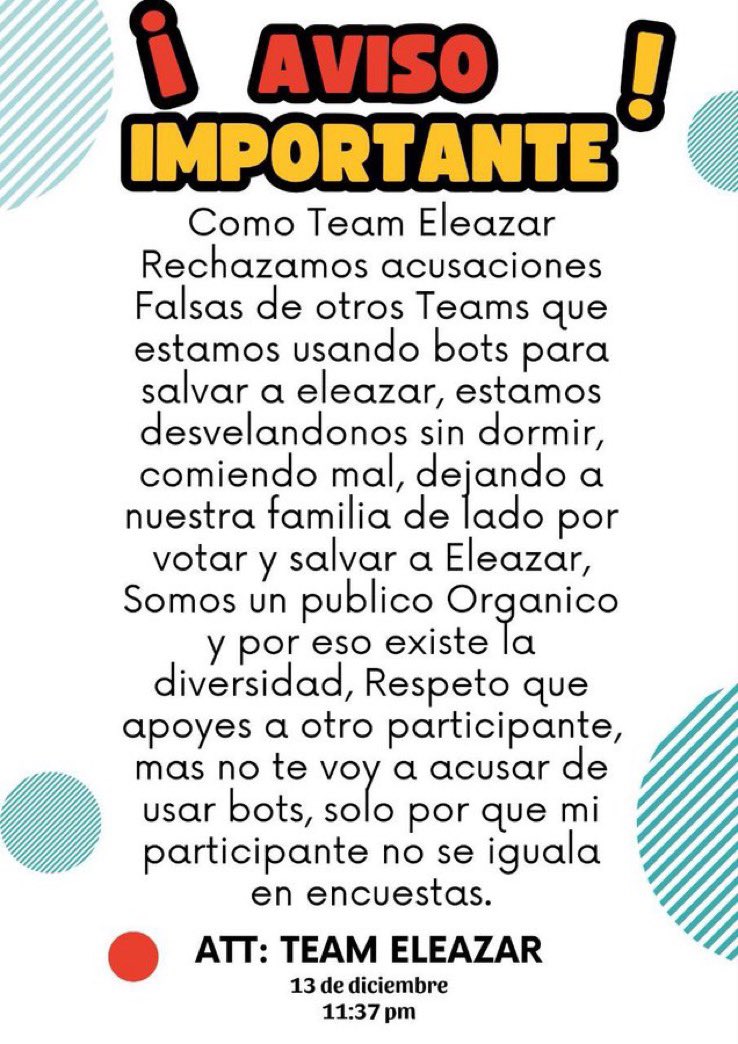 Como dice el dicho “ Cada ladrón juzga por su condición “ Les molesta aceptar que el fandom de Eleazar es orgánico porque él se lo ha ganado y no ocupamos bots para movernos en todas las redes. El apoyo se ve y se siente. 

#ELEAZARGOMEZ
#ELEAZARSEQUEDA
#VAMOSAHACERLO