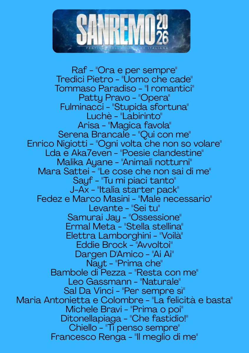 Comunicati i titoli delle canzoni dei Campioni del Festival di Sanremo 2026 #Sanremo2026 #Eurovision2026 #ESC2026
