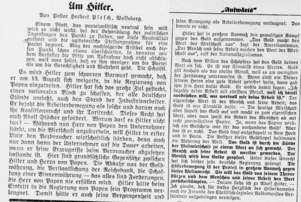 CristianismoNS's tweet image. 🇩🇪 En el periódico Aufwärts del 5 de noviembre de 1932, el pastor Herbert Plesh de Wolfsberg escribió sobre el socialismo cristiano, que creía que Hitler había heredado:
Hitler se propuso el gran objetivo de crear un bloque nacional que abarcara todas las clases alemanas,