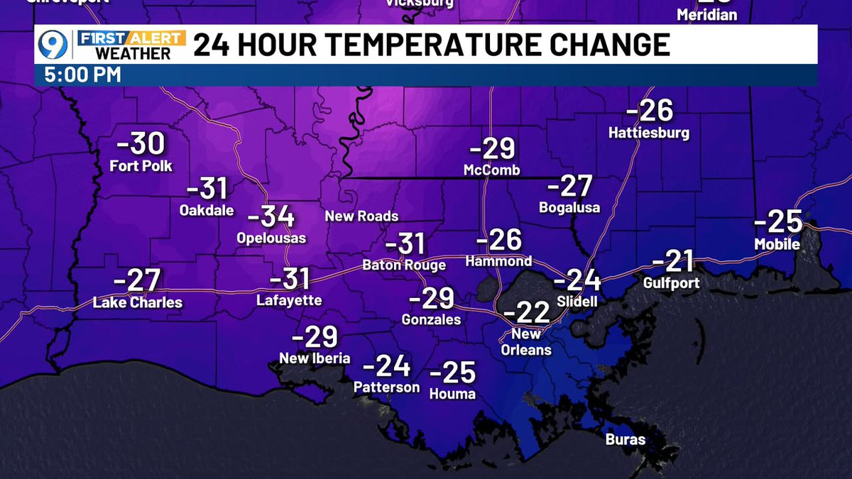What a difference 24 hours makes! Hard to believe Baton Rouge was flirting with 80° Saturday!

#cold #Louisiana #weather #lawx