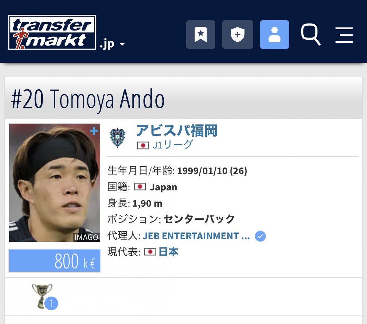 アビスパ福岡のDF安藤智哉選手の市場価値は、2025年6月時点で80万ユーロ（約1億3,470万円 ）と評価され、J1リーグで大幅に上昇した選手の一人です。