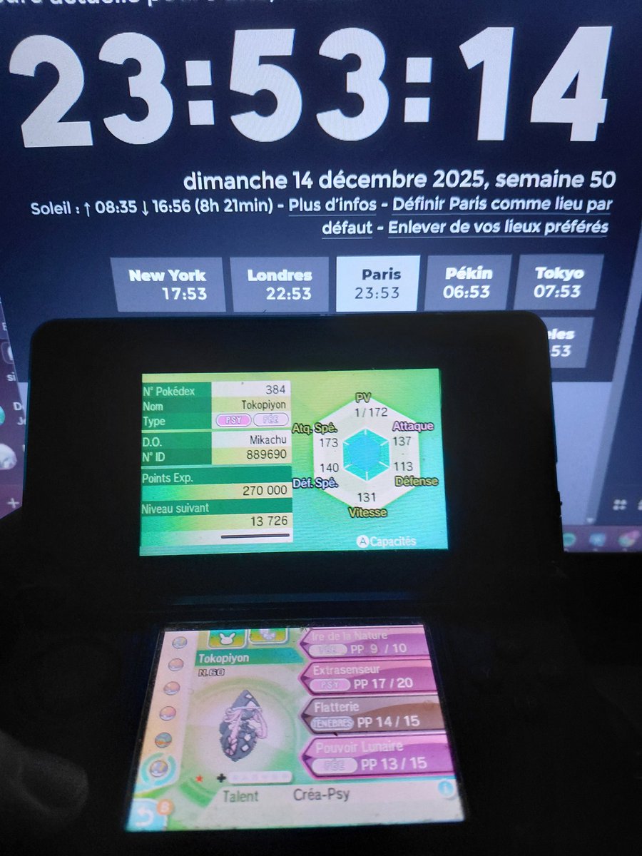 166 ✨️

Apres quelques temps sans rien, voici que je trouve Tokopiyon shiny en 1.470 resets sur Ultra Lune. Très content de l’avoir aussi vite, pas comme Tokorico... une 4e cible obtenue dans le Poussin Quest a ce jour. Trouvé en fin de #SHLS12 pour bien finir la saison