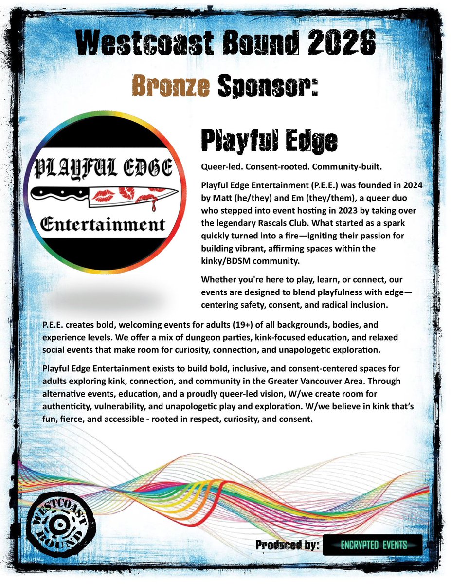 The first of our Bronze Sponsors, Playful Edge is well known to the local community - come check them out. playfuledgeentertainment.carrd.co    #wcbound #encryptedevents