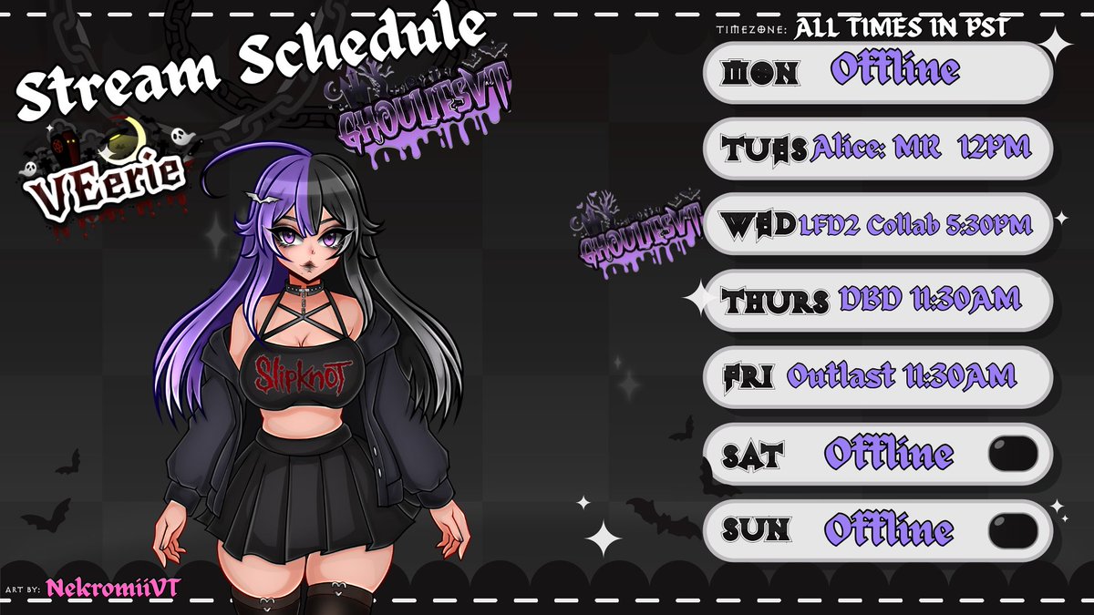 ─── ⋆⋅ ♰ ⋅⋆ ───

My Kvltitst! I am taking Monday off since I have a bunch of appointments and errands. 

Tue - Alice MR 12PM 
Wed - <a href="/GhouliesVT/">GhouliesVT | Indie VTuber Group</a> LFD2 Collab 5:30PM 
Thurs - DBD Bone Chill 11:30AM 
Friday - Outlast 11:30AM 

I hope to see you there!!!!! 

⛧☾ All Times