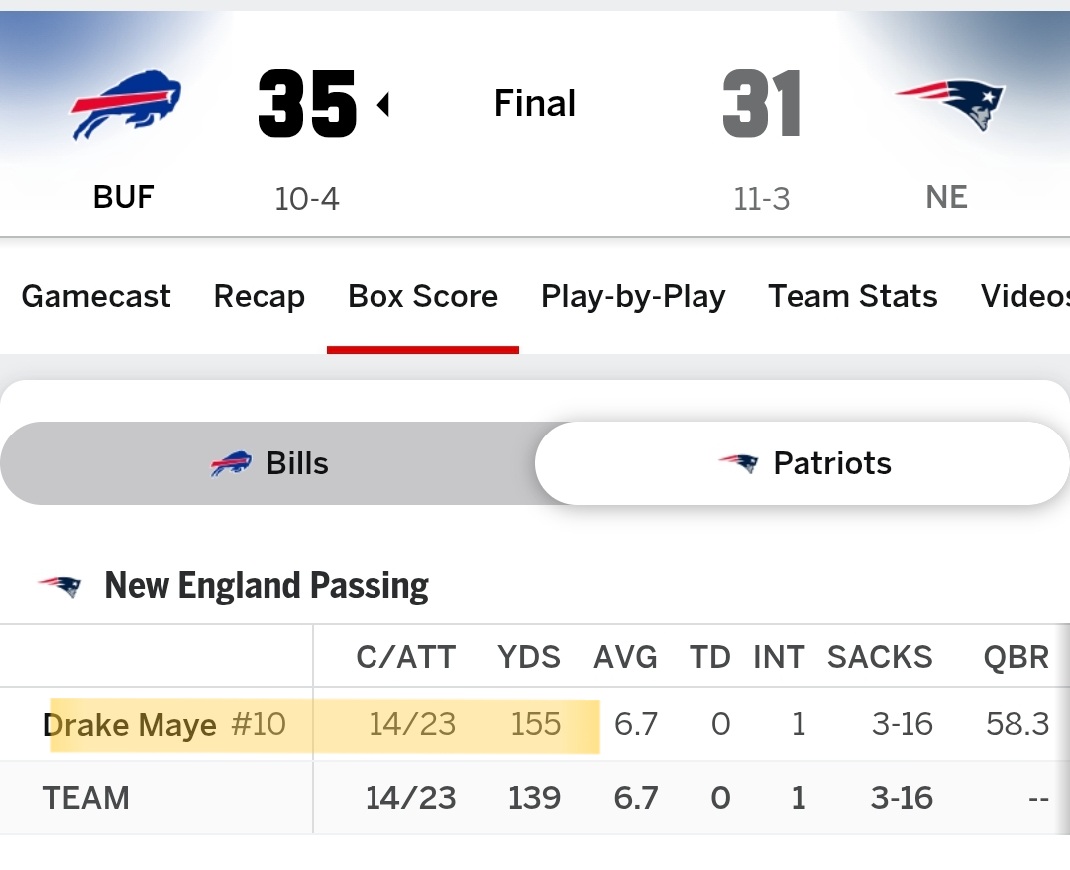 _Mr_JT_'s tweet photo. @PFTCommenter PFT, did Drake Maye only play one half of football today? If so, he sure was on pace to join the exclusive #300Club https://t.co/YWeevlJyQO