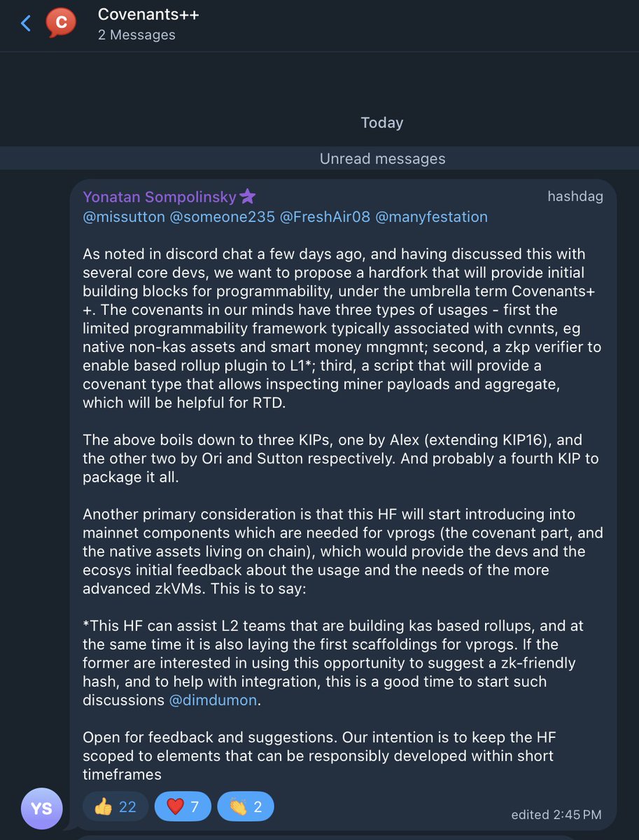 Kaspa_Commons's tweet image. Latest Development News: A focused hardfork is being proposed by @hashdag and core devs to introduce early building blocks for programmability, under the umbrella Covenants++.

In simple terms, what is being proposed:

A small, scoped upgrade that adds three foundational…
