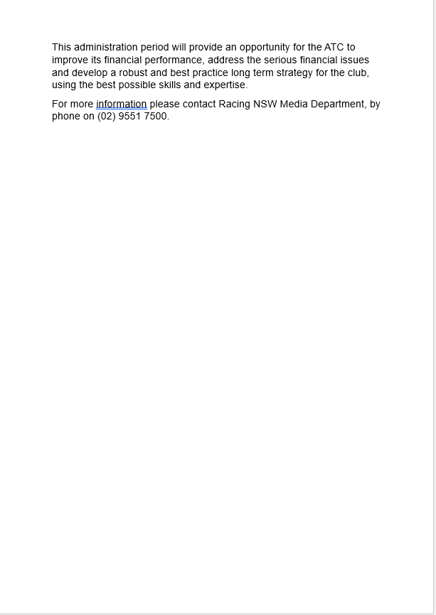racing_nsw's tweet photo. Appointment Of An Administrator To The Australian Turf Club - https://t.co/PxRN1yKCj9 https://t.co/736sLv2Oly