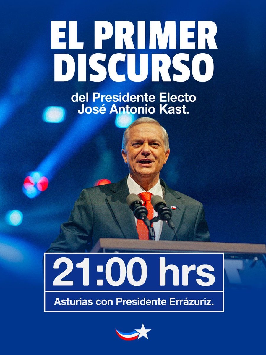 Hoy comienza una nueva etapa para Chile🇨🇱

A las 21:00 hrs, José Antonio Kast entregará #ElPrimerDiscurso como Presidente Electo de la República.

👉 Conéctate en el siguiente link: youtube.com/live/_zNEZuTNC…