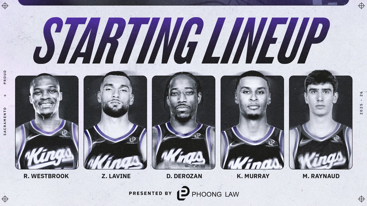 today's starters ⤵️
👑 Russell Westbrook
👑 Zach LaVine
👑 DeMar DeRozan
👑 Keegan Murray
👑 Maxime Raynaud
Starting Lineup presented by @PhoongLawCorp
