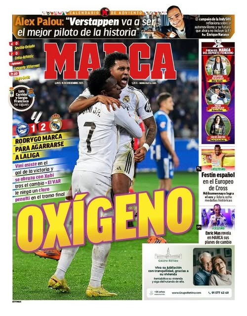 غلاف صحيفة ماركا | أوكسجين. رودريغو يسجل ليتمسك بالدوري الإسباني.. فينيسيوس يقدم التمريرة الحاسمة لهدف الفوز ويعانق تشابي بعد التبديل. حكم الفيديو المساعد (VAR) يلغي ركلة جزاء واضحة له في الدقائق الأخيرة 