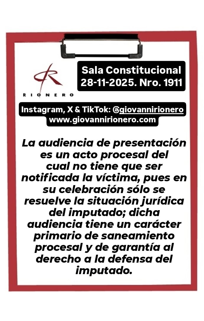 GiovanniRionero's tweet photo. #AudienciaDeImputación Reciente sentencia en la cual se precisa que la audiencia de presentación es un acto procesal del cual no tiene que ser notificada la víctima, pues en su celebración sólo se resuelve la situación jurídica del imputado. https://t.co/LF63kWGXNQ