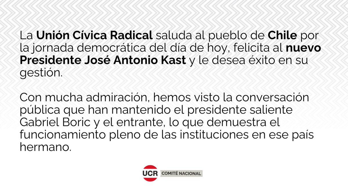 La UCR saluda al pueblo de Chile por la jornada democrática del día de hoy, felicita al nuevo Presidente <a href="/joseantoniokast/">José Antonio Kast Rist 🖐️🇨🇱</a> y le desea éxito en su gestión.
