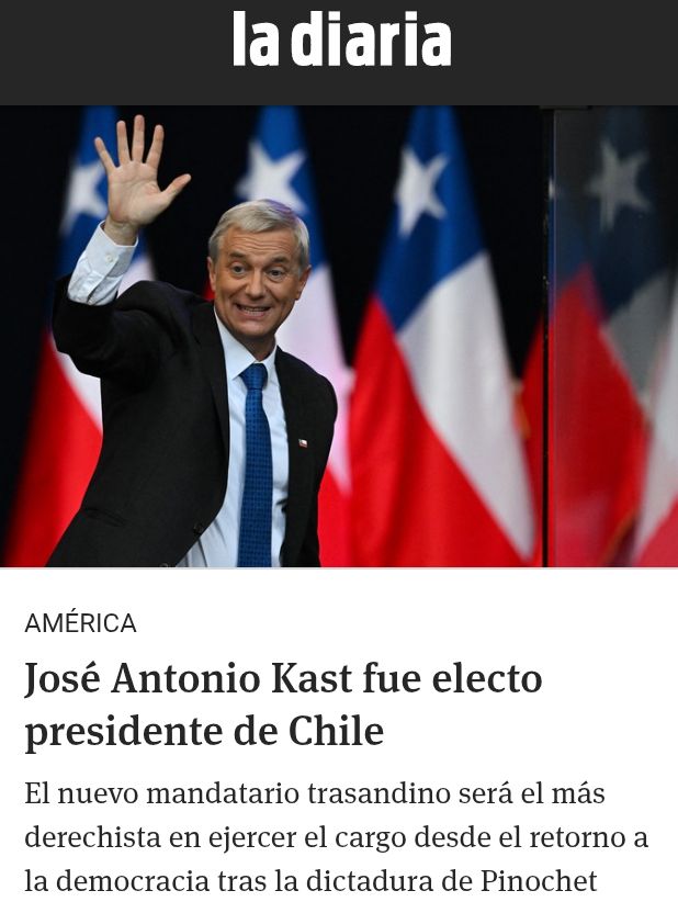 wiyanieri's tweet photo. De familia nazi, admirador de Pinochet y Trump promete rebajar salarios y mano dura. Argentina, Paraguay, Bolivia y desde hoy Chile gobierna la derecha. Estamos rodeados y es para peor. https://t.co/AFC7bwNZDI