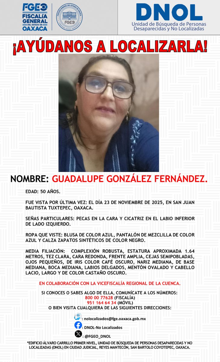 FGEO_DNOL's tweet photo. ¡AYÚDANOS A LOCALIZARLA!
@FISCALIA_GobOax
@FGR_Oax
@AEI_Oaxaca
@PolVial_GobOax 
@Policia_GobOax
@089Oaxaca
@Oaxaca_9_1_1
@cruzrojaoaxaca
@MunicipioSeguro
@SegPubStaLucia
@GN_Carreteras
@SIDISSPC_GobOax 
@Gob_Tuxtepec 
@ittuxtepec https://t.co/y8o9rQp8vy