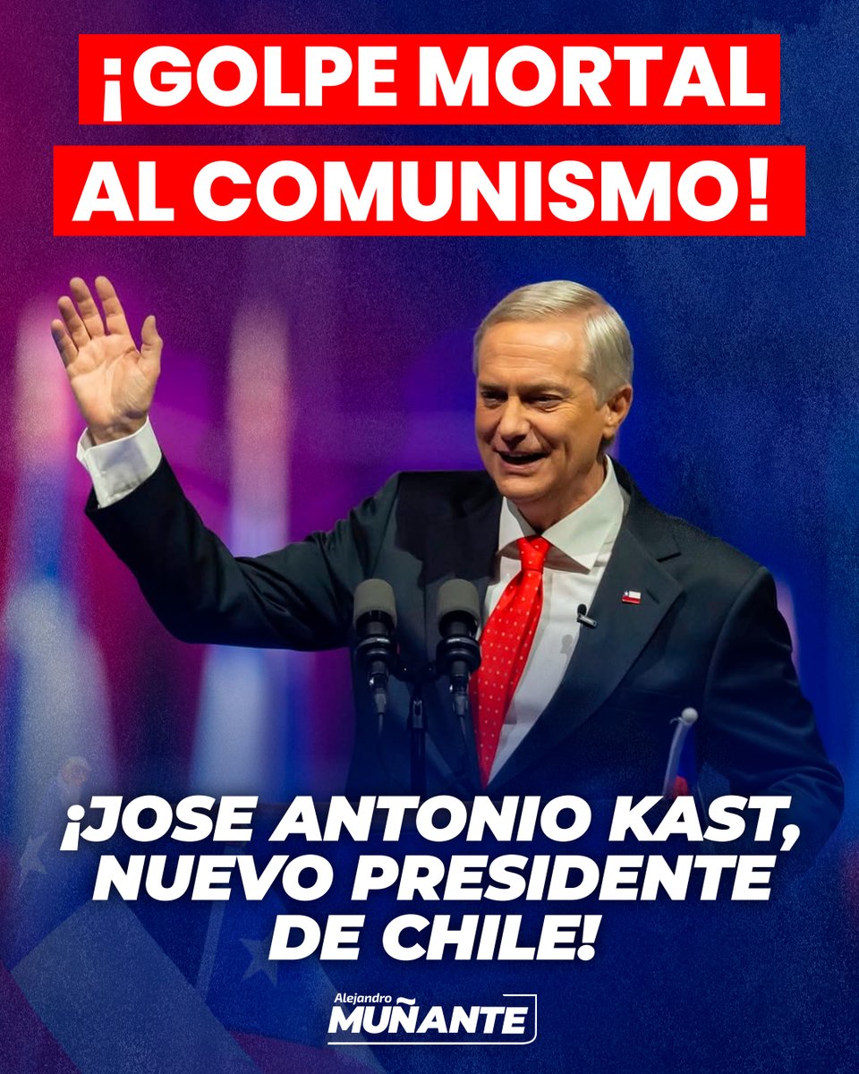 🚨 #LOÚLTIMO | ¡CHILE DERROTA AL COMUNISMO EN LAS URNAS!🗳️🇨🇱 <a href="/joseantoniokast/">José Antonio Kast Rist 🖐️🇨🇱</a> fue elegido nuevo presidente de Chile, marcando un giro histórico y poniendo freno a la agenda progresista y de izquierda. Con esta victoria, Chile envía un mensaje claro en defensa de la libertad, la
