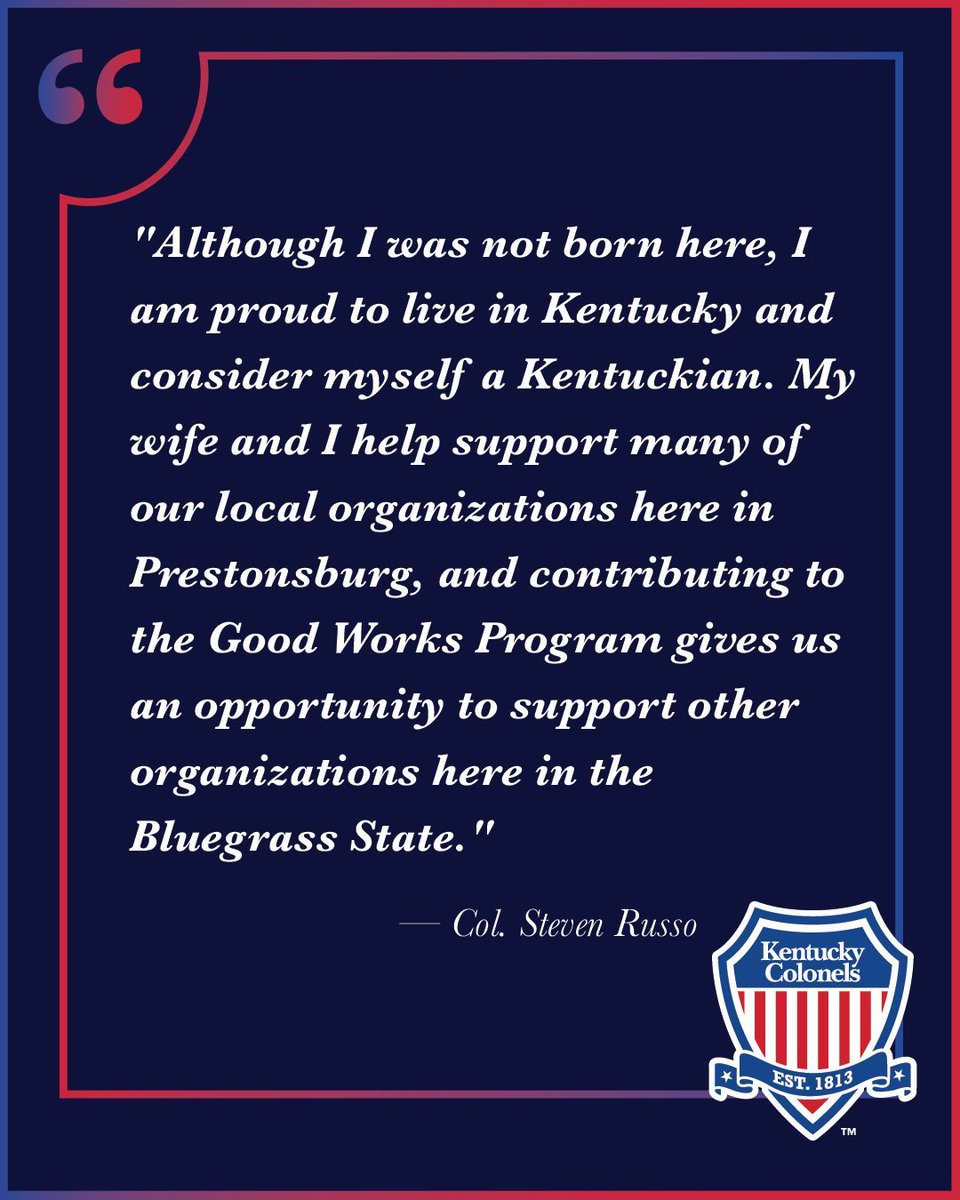 KYColonels's tweet photo. Why do you support the Good Works Program? Col. Steven Russo (Prestonsburg, Kentucky) shares his thoughts. #HOKC #KYColonels #KentuckyColonels #ColonelQuotes #GoodWorks https://t.co/UPDy3KIvGH