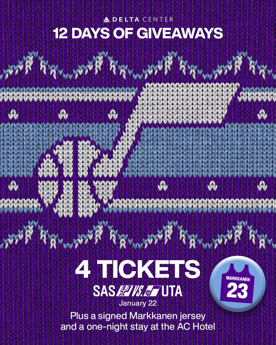 deltacenter's tweet image. 𝗗𝗔𝗬 𝟳: Win four tickets to see the @utahjazz take on the San Antonio Spurs on Jan. 22, a signed Lauri Markkanen jersey, and a one-night stay at the AC Hotel SLC!

To enter:
1️⃣Follow @deltacenter
2️⃣RT
3️⃣Tag a friend

*Winner will be DM’d on 12/16.
*Signed jersey must be picked…