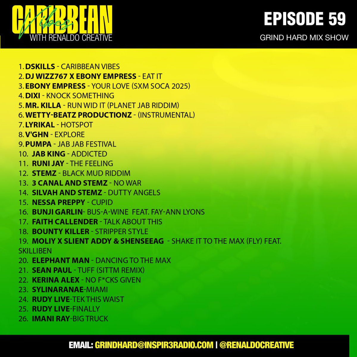 🌴Caribbean Vibes Episode 59 playlist. Stream free at mixcloud.com/renaldocreativ… 

We’re cranking up the heat with the 🔥🔥Dancehall, Afrobeats, Soca and Reggae
