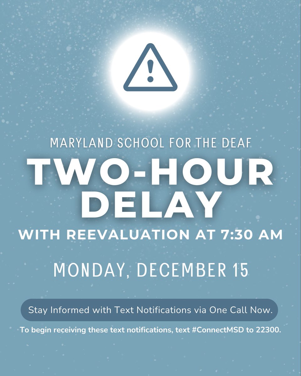 Due to inclement weather will open on a two-hour delay on Monday, Dec. 15.

<a href="/HCPSS/">HCPSS</a> will re-evaluate by 7:30am. If HCPSS decides to close, MSD will close. If both <a href="/FCPSMaryland/">FCPS-MD</a> &amp; HCPSS remain on a two-hour delay, there will be no additional announcement &amp; classes begin at 10:00am.