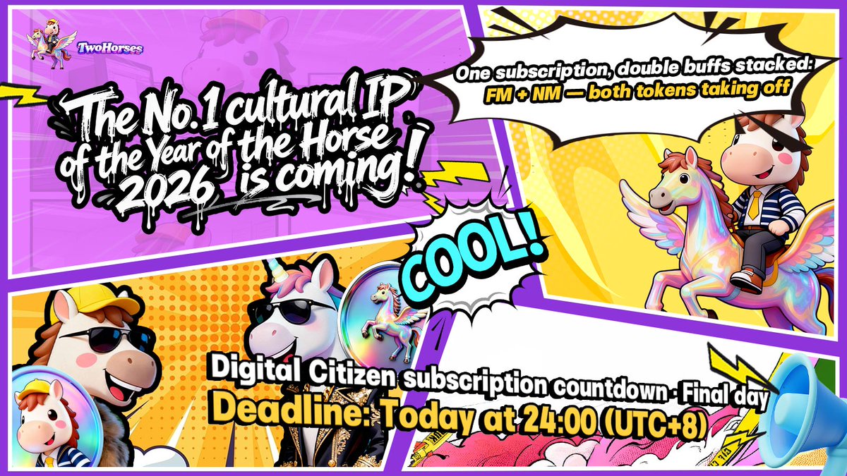 Two_Horses_'s tweet photo. 🎉 The #1 Cultural IP of the 2026 Year of the Horse is here!

One mint = double the power: FM + NM flying together
⏳ Digital Citizen mint countdown: Final Day!
🕛 Ends tonight at 24:00 (UTC+8)
📩 Claim your on-chain identity.
Secure your very first Meme-powered asset.
Miss this ride? See you next Horse Year. 🐴
#DoubleHorse #DigitalCitizen #MemeFi #FM #NM #OnChainCulture
