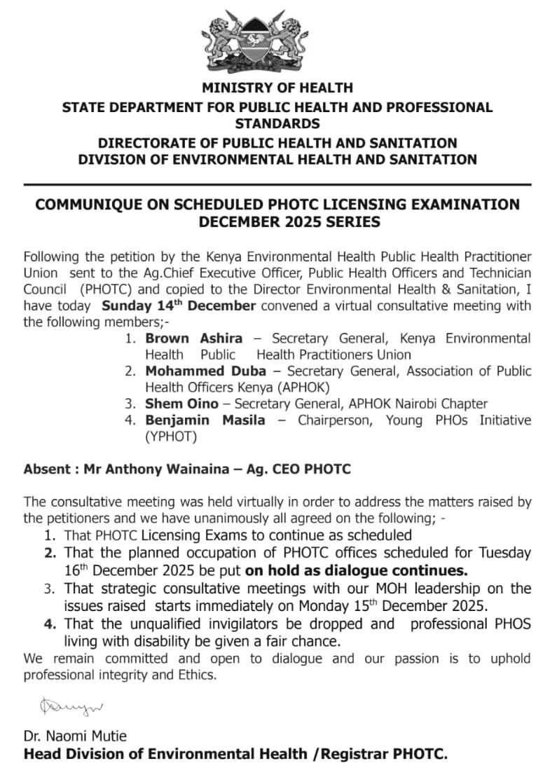 <a href="/koske_felix/">felix koskei</a> <a href="/psmuthoni/">Mary Muthoni Muriuki, CBS, HSC</a> kindly remove the Ag CEO PHOTC. 
What happened in the hiring of unqualified invigilators shows deeper non compliance with PHOTC own guidelines. 
Councils should follow the guidelines they set. 
The absent one shouldn't be allowed to kill this profession. - STOP IT