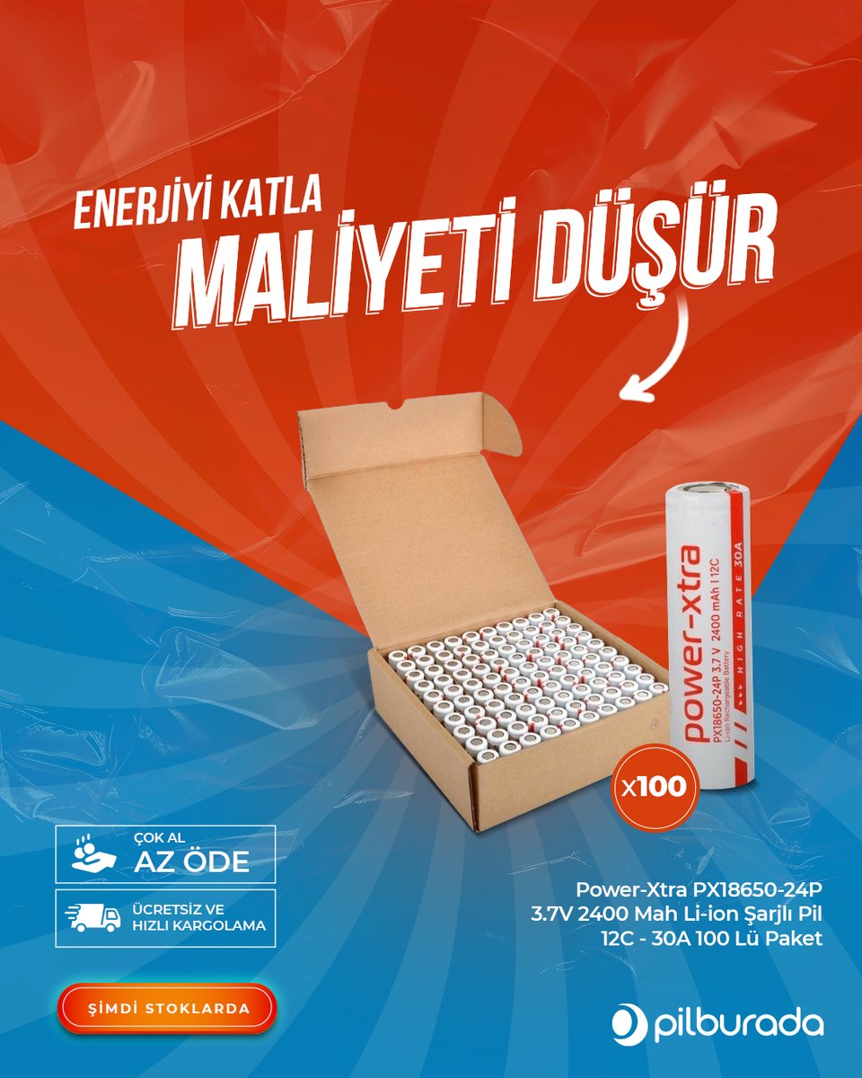 pilburada_com's tweet photo. Güçlü performansı ekonomik çözümlerle birleştirmek isteyenler için ideal!
Power-Xtra PX18650-24P 3.7V 2400mAh Li-ion şarjlı piller, 100’lü paket seçeneğiyle hem maliyetlerinizi düşürür hem de cihazlarınız için kesintisiz ve güvenilir enerji sağlar.

#Pilburada #Powerxtra #DJI https://t.co/WFnxFHSOpL