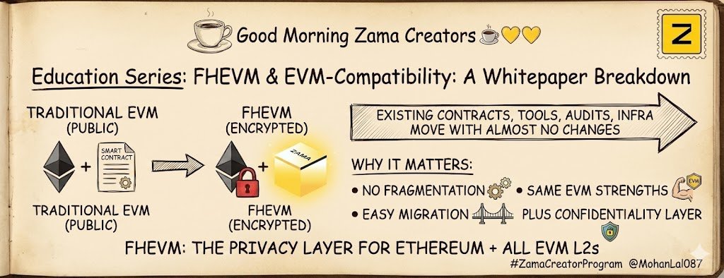 GM <a href="/zama/">Zama</a> fam 💛

Why FHEVM’s EVM-compatibility matters:
It extends the EVM, letting existing contracts, tools, and infra move to encrypted execution with almost no changes.

FHEVM is becoming the privacy layer for Ethereum + EVM L2s.
#ZamaCreatorProgram