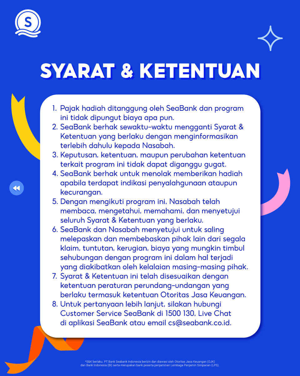 SeaBankID's tweet photo. AKHIR TAHUN, GADGET BARU! MENANGKAN NOKIA C12 ATAU JAM TANGAN CASIO🎉

Biar akhir tahun kamu makin hangat, SeaBank siap kasih hadiah spesial untuk kamu! Dengan ikutan GIVEAWAY ini, kamu berkesempatan untuk menangin NOKIA C12 ATAU JAM TANGAN CASIO! Sederhana, timeless, dan pas banget untuk nutup akhir tahun ini. Cek syarat dan ketentuannya di bawah ya!

1. Periode program berlaku pada 1 December - 31 December 2025
2. Ketentuan untuk mendapatkan hadiah Giveaway:
a.Peserta wajib memiliki rekening dan merupakan nasabah aktif SeaBank
b. FOLLOW Facebook Page SeaBank ID dan FOLLOW Twitter @SeaBankID, lalu LIKE post ini.
c. KOMEN “SeaBank”, sertakan username IG, FB, TikTok & Twitter
3. Pastikan untuk TIDAK melakukan SPAM komen
4. Diperbolehkan komen dengan akun lain untuk memperbesar kesempatan menang
5. umlah 2 PEMENANG akan dipilih secara acak untuk mendapatkan hadiah Jam Tangan Casio dan Nokia C12
6. Pengumuman pemenang akan dilakukan pada 7 Januari 2026 di Facebook Page SeaBank Indonesia
7. Keputusan SeaBank tidak dapat diganggu gugat

PT Bank Seabank Indonesia berizin dan diawasi oleh Otoritas Jasa Keuangan (OJK) dan Bank Indonesia (BI) serta merupakan bank peserta penjaminan Lembaga Penjamin Simpanan (LPS).