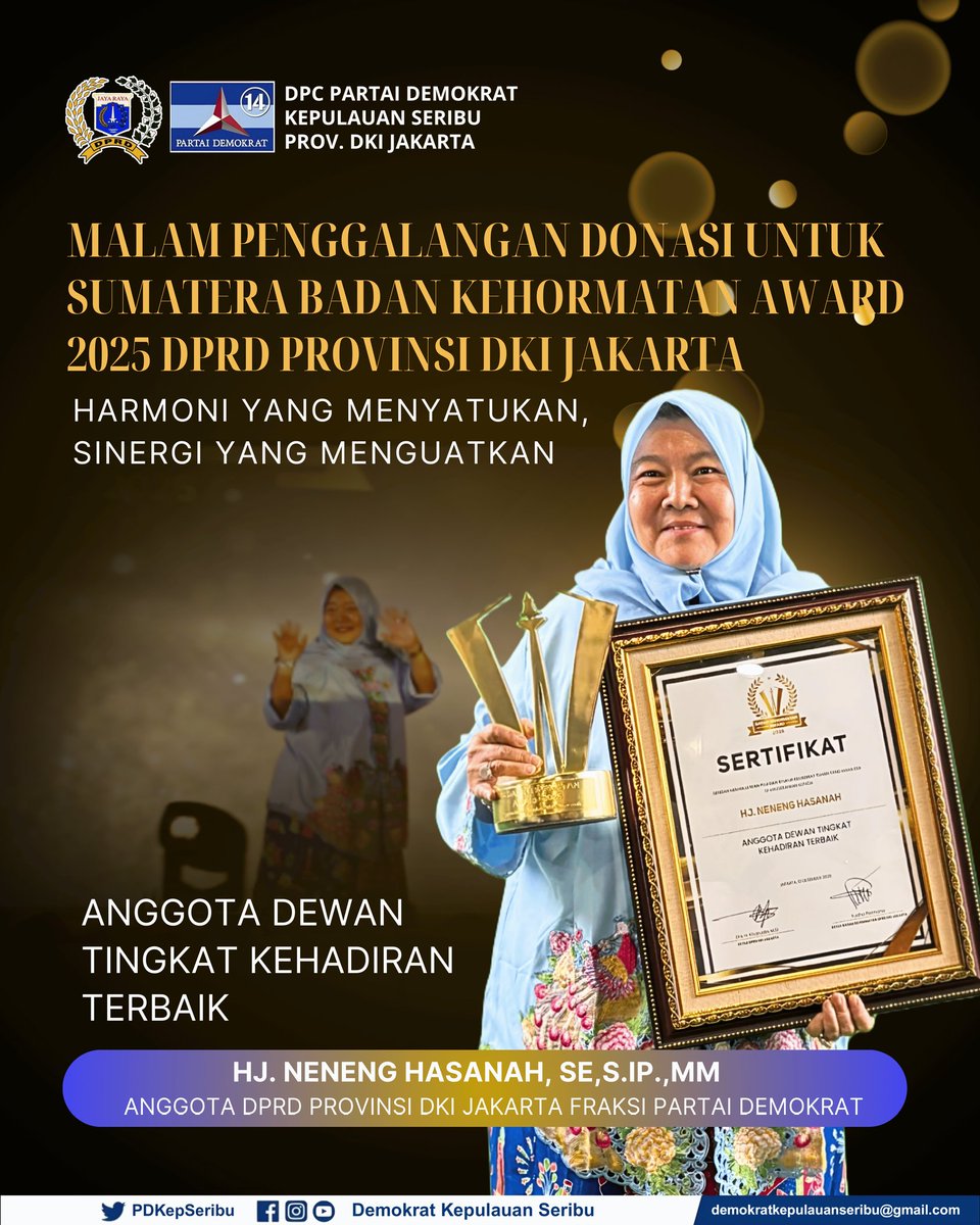 Selamat Dan Sukses
Hj. Neneng Hasanah, SE.,S.IP.,MM
Anggota DPRD Provinsi DKI Jakarta Fraksi Partai Demokrat Meraih Penghargaan Dalam Kategori Anggota Dewan Tingkat Kehadiran Terbaik.

#partaidemokrat #DemokratDKI #HNH
