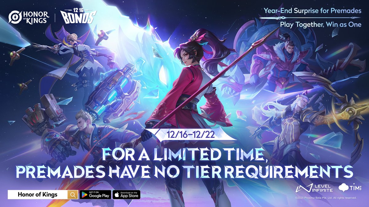 🎉 New Season, All New Experience!
💥 For the first time, rank restrictions are ALL lifted! Queue with anyone in Duo, Trios, or a full party!
🎮 From December 16 to 22, enjoy historic no tier restrictions for premades!
 🚀 Gather your team and embrace the Year-End Surprise!

Play