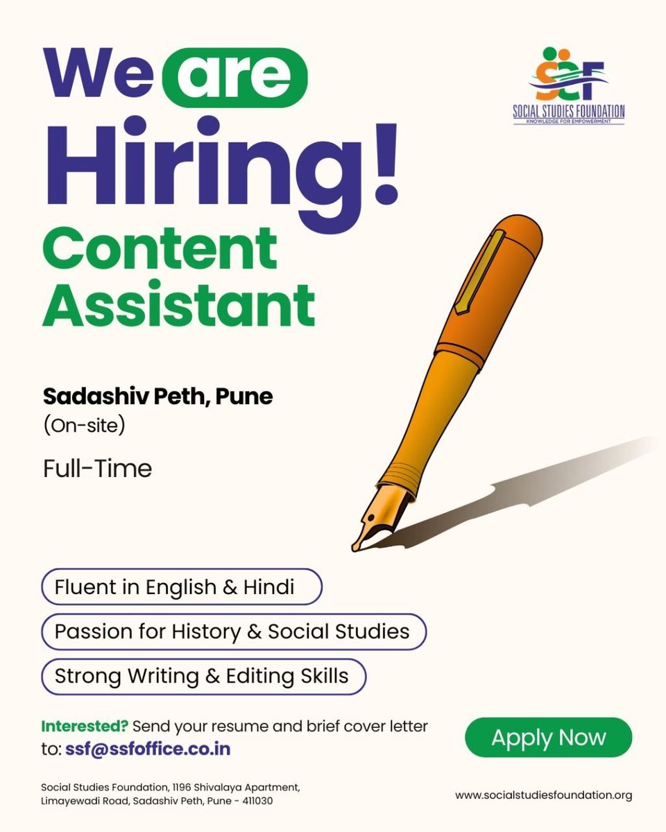 Full-Time Content Assistant

SSF, a dedicated organization engaged in Studies and Research with an aim to promote social harmony, invites applications for full-time Content Assistant at our office located at1196 Shivalaya Apartment, Limayewadi Road, Sadashiv Peth, Pune - 411030