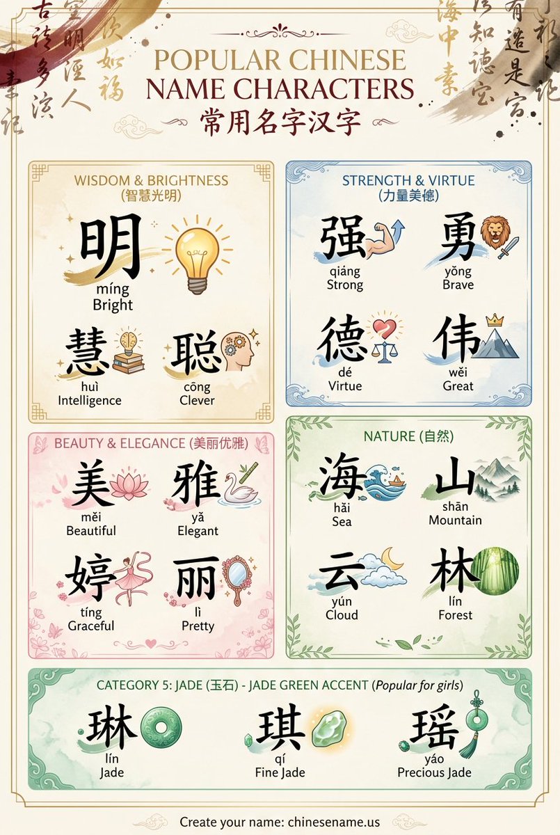 yangjerry666's tweet image. Want a meaningful name? 🤔

Discover the Most Popular Chinese Name Characters! Learn the beautiful meanings of characters like 明 (Bright) and 华 (Magnificent).

Perfect for OC Names &amp;amp; Name Aesthetic inspiration.

#ChineseNames #NameMeaning #OCNames 

🔗 [chinesename.us]