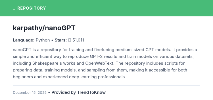 aitrendings's tweet image. karpathy/nanoGPT

💻 Python

#nanoGPT #GPT2 #DeepLearning #NLP #OpenSource

🔗 trendtoknow.ai