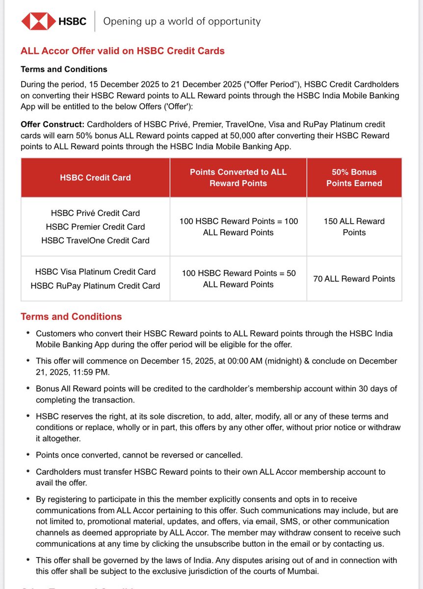 Great news for HSBC Premier &amp; Travel One credit card holders ❤️

50% bonus ALL reward points capped at 50000 points for converting your HSBC points to ALL Accor points through their HSBC mobile app 😁😁😁

50% bonus applicable to HSBC Platinum &amp; Rupay cards as well 😉