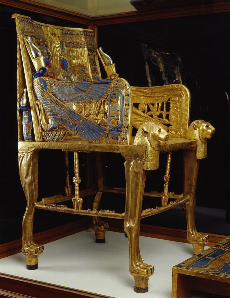 The 'Golden Throne' of Tutankhamun, a unique work of art. The luxurious armchair is distinguished by the complexity of its technique and an abundance of details. Its colors have not faded over three thousand years, which serves as a testament to the high skill of the ancient