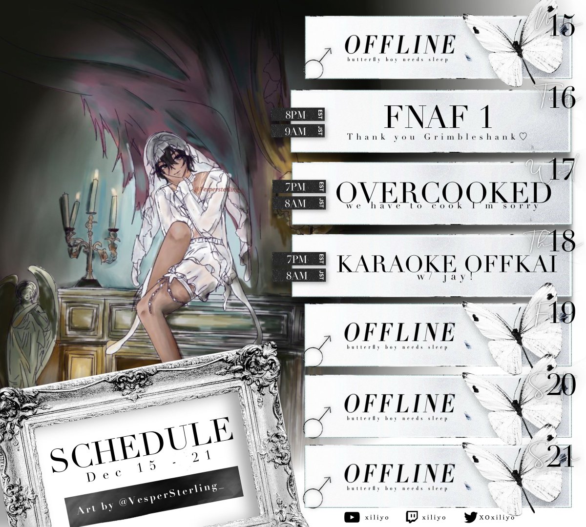 XOxiliyo's tweet photo. ʚ WEEK OF DECEMBER 15 - 21 ɞ
I'll be on break from the 19th up until the 30th!
▪︎ General : #Xiliyo
▪︎ Clips : #XiliyoUnveiled
▪︎ Live : #XiliyOnAir
▪︎ Art : #Xiliyart
▪︎ NSFW : #XXXiliyo
▪︎ Fans : #flutterbys https://t.co/MRPHgE2n2q