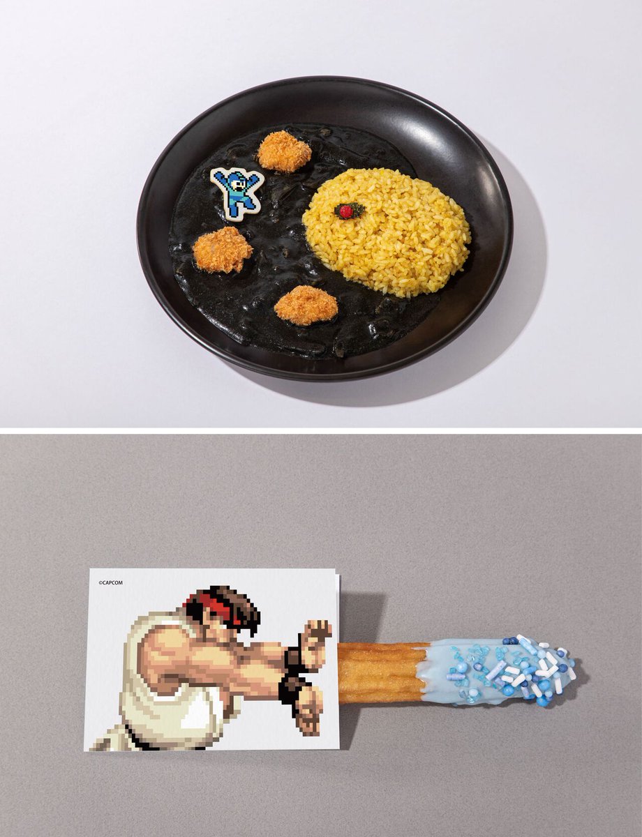famitsu's tweet photo. カレーでロックマンのイエローデビル戦を再現。大カプコン展のテーマカフェに登場
https://t.co/c3TQxrwkBB

コラボメニュー情報が公開。リュウの波動拳チュロス、逆転裁判の「異議あり！」海苔弁、ダンテのストロベリーサンデーなど歴代カプコン作品やキャラクターをイメージ https://t.co/S0y3ezJ4OW