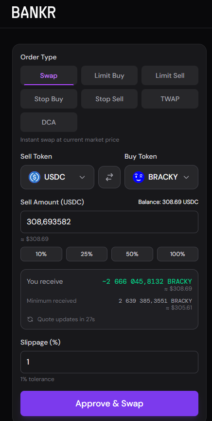 simbiryakov's tweet image. I tried the BNKR swap. ( swap.bankr.bot )
Fast, easy, relaxed.
Bought some $BRACKY tokens, waiting for the listing on Coinbase.