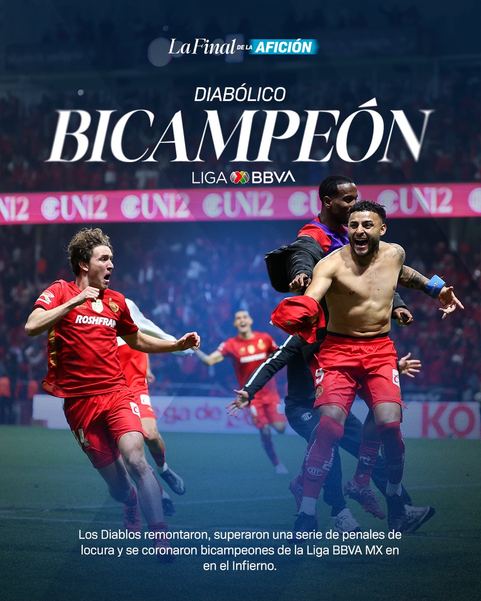 LigaBBVAMX's tweet image. ¡Los Diablos son Bicampeones! 👹

¡Ya son 12 títulos de la #LigaBBVAMX de @TolucaFC! 🏆

✏️ Los detalles: bit.ly/3ME8qOA

#LaFinalDeLaAfición | #AP25