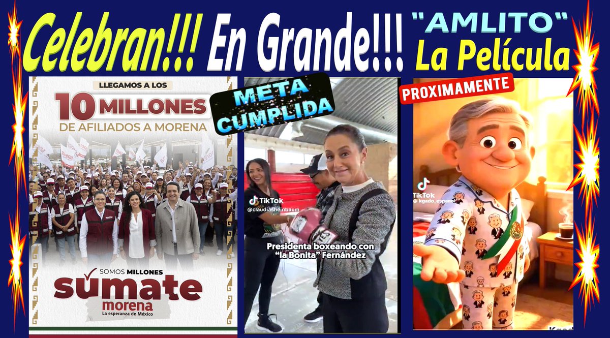 OROSOLIDORedes's tweet photo. 👏🥳👏🥳👏
Celebran!!! en Grande!!!
@PartidoMorenaMx
🥳Llegaron a la Meta de
👏10 Millones de Afiliados
No Se Peleen Van Muy Bien!!!
UNIDAD!
🥳👏🥳👏🥳
#SuperClaudia Feliz
#Amlito La Película
@Claudiashein @LuisaAlcalde @_JRLB_ @AndreaChavezTre
https://t.co/conMvZAGWA https://t.co/2vkWtRJ8dZ