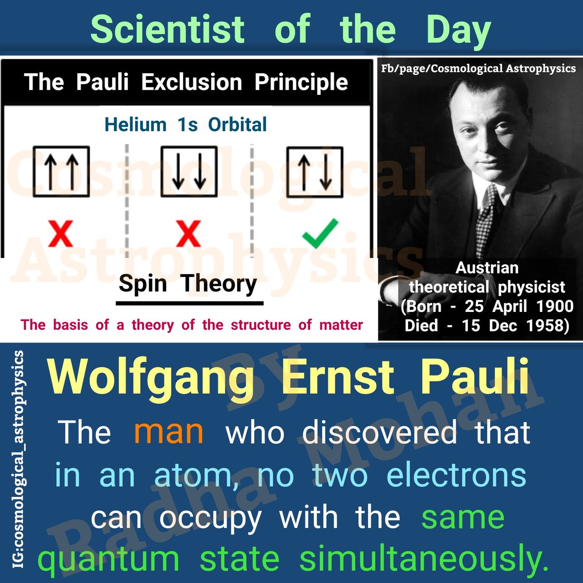 CosmoAstrophy's tweet photo. It's death anniversary of #WolfgangErnstPauli, one of the most outstanding physicists —

(Scientist of the Day - 15 December)

In #MaxBorn's words, "As a scientist he was, perhaps, even greater than #AlbertEinstein".

He won the 1945 #NobelPrize in Phy for his exclusion principle https://t.co/GQUE1kf760