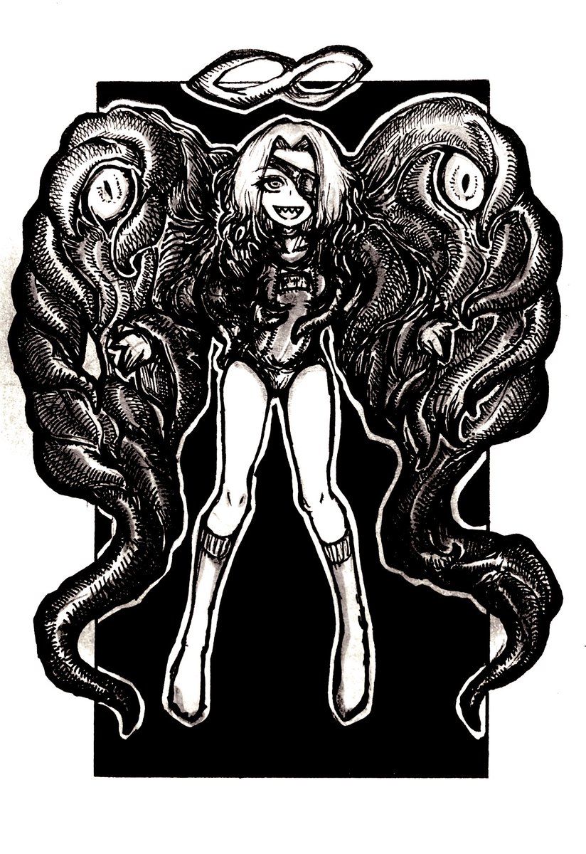 #１日１カタメカクレ
 #illustration  #OC
#創作 
#片目隠れ　浮遊ギザバ眼帯人外ちゃん