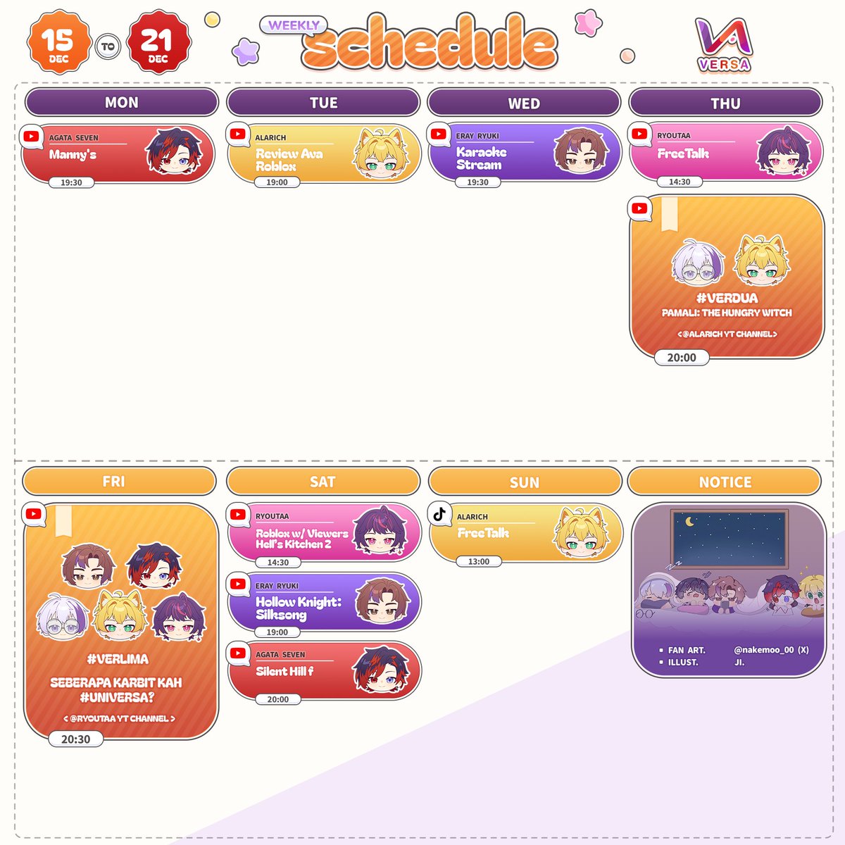 【VERSA Weekly Schedule】
15 Desember ~ 21 Desember 2025

SIANG #UNIVERSA!!!

Berikut jadwal #VERSA minggu ini yaa!

Jumat bakal ada tes seberapa karbit kamu!

Semangat belajarnya!😆hasil tes bakal direview VERLIMA di YouTube-nya <a href="/UtaaRyo/">Ryoutaa 👟【AKA Virtual】</a> lohh~

💜🤍💛🩷❤️
#VERSA
