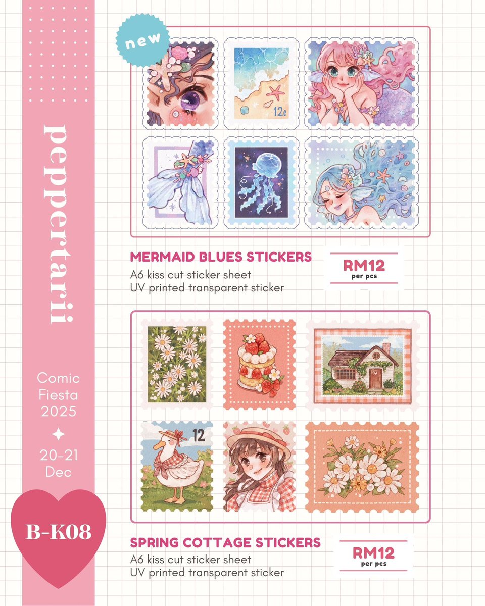 peppertarii's tweet photo. (1/4 - RT appreciated)
I’m back again for Comic Fiesta this weekend!

🌸 B-K08 - peppertarii
🌸 20-21 Dec
🌸 lvl 3 hall 7 (basic booth)

I have limited reservations for a minimal of RM30 due to time constraints, see you there!

(post CF21 PO open too)
#comicfiesta2025 #CF25 https://t.co/cw3RGH1RBU