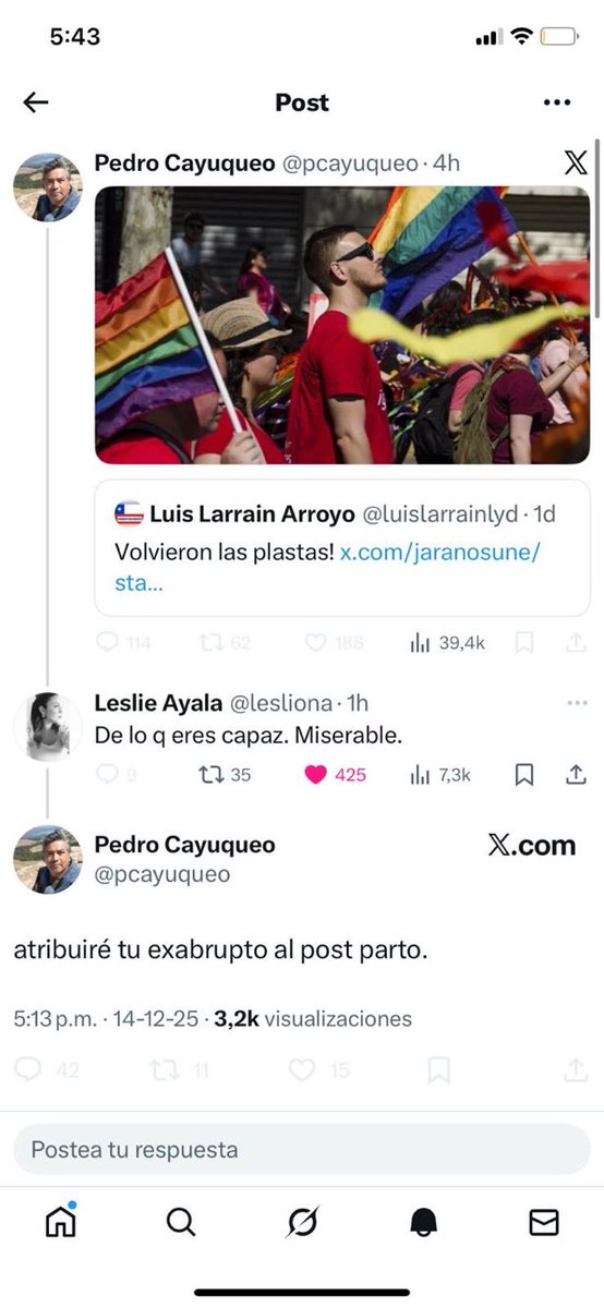 Twittear usando dolor de <a href="/luislarrainlyd/">Luis Larrain Arroyo</a> después de la muerte de un hijo, que era una gran persona, es un límite que no podemos aceptar. Y para rematarlo con machismo (que dicen combatir) insultar a <a href="/lesliona/">Leslie Ayala</a> por opinar y achacarle el post parto es una miseria más de <a href="/pcayuqueo/">Pedro Cayuqueo</a>