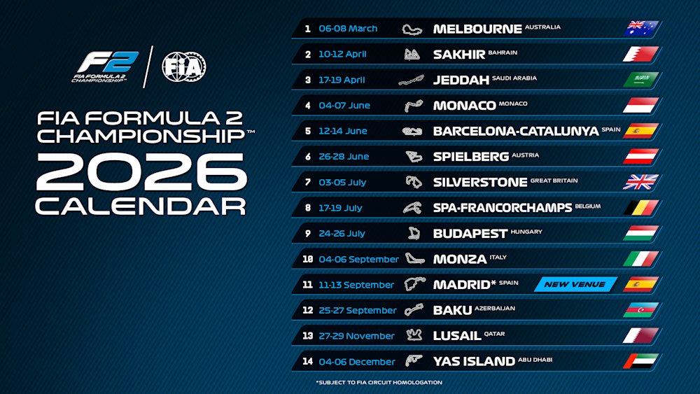 PapoNoPaddock's tweet photo. Calendários de 2026 da Fórmula 1, da Fórmula 2, da Fórmula 3 e da F1 Academy. 🏁 #F1 #F2 #F3 #F1Academy https://t.co/vpOdaymK2l