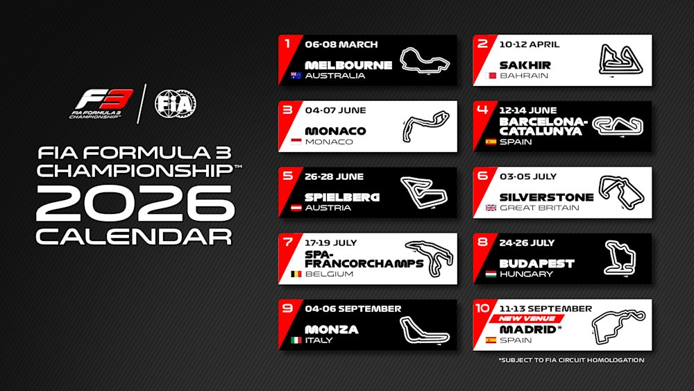 PapoNoPaddock's tweet photo. Calendários de 2026 da Fórmula 1, da Fórmula 2, da Fórmula 3 e da F1 Academy. 🏁 #F1 #F2 #F3 #F1Academy https://t.co/vpOdaymK2l